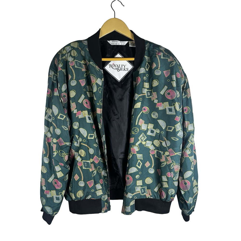 Royalty Silks Jacket Mens Small Green Geometric Silk Bomber Shoulder Pads